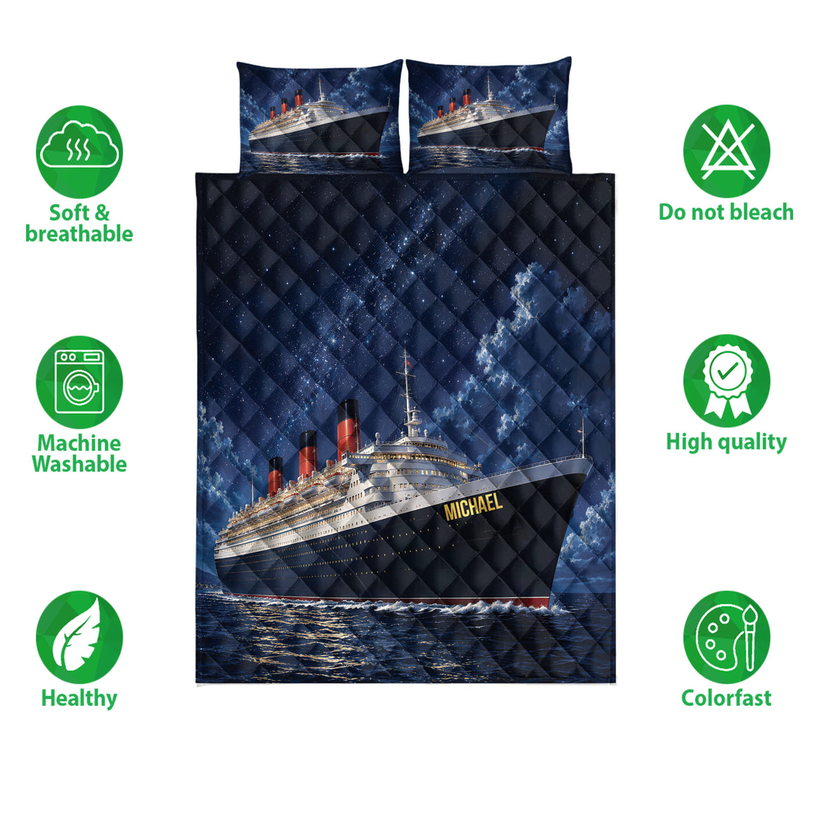 Cruise ship quilt blanket shown with matching ship artwork and product feature icons