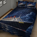 Close-up cruise ship quilt blanket with ocean waves, starry sky, and dark nautical artwork