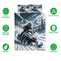 Snowmobile quilt bedding set with mountain rider artwork shown with product feature icons