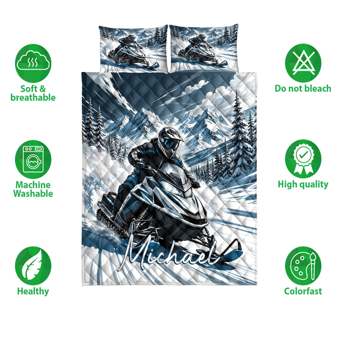Snowmobile quilt bedding set with mountain rider artwork shown with product feature icons