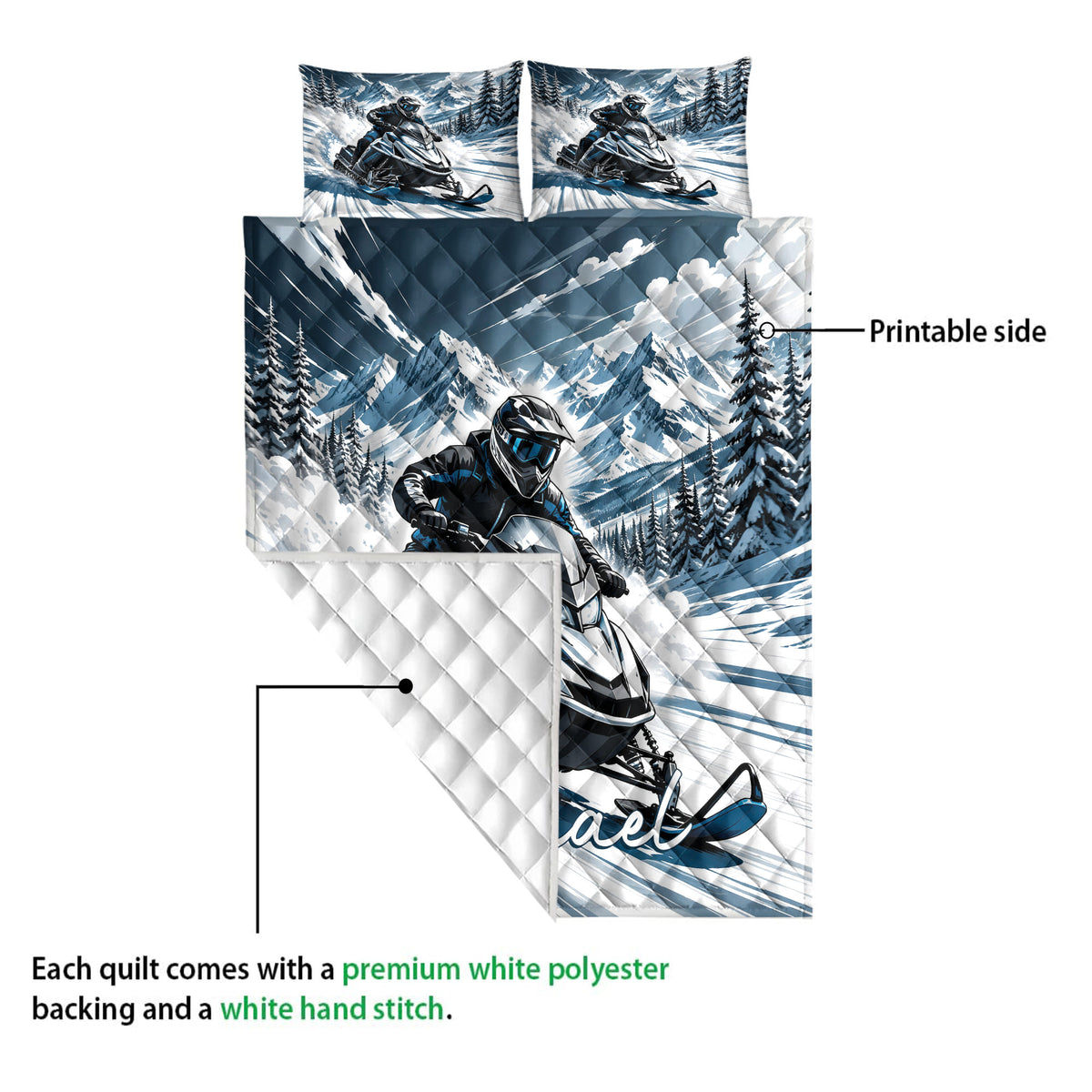 Snowmobile quilt showing the printed mountain rider design and diamond quilted backing