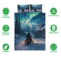 Snowmobile quilt bedding set displayed with mountain riding artwork and soft blue winter landscape colors