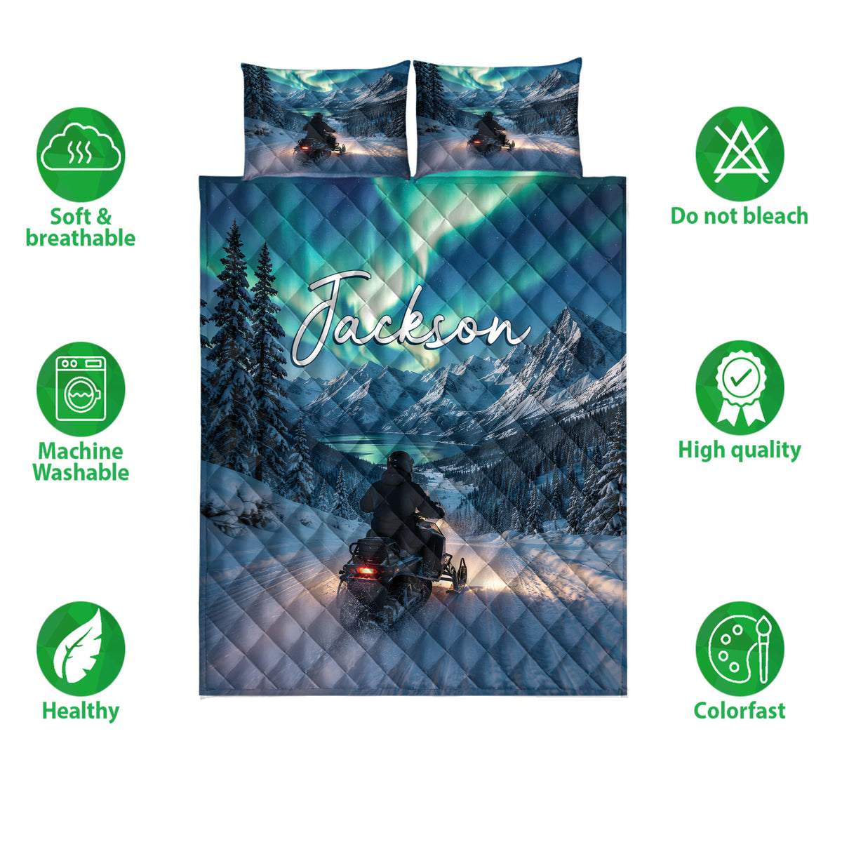 Snowmobile quilt bedding set displayed with mountain riding artwork and soft blue winter landscape colors