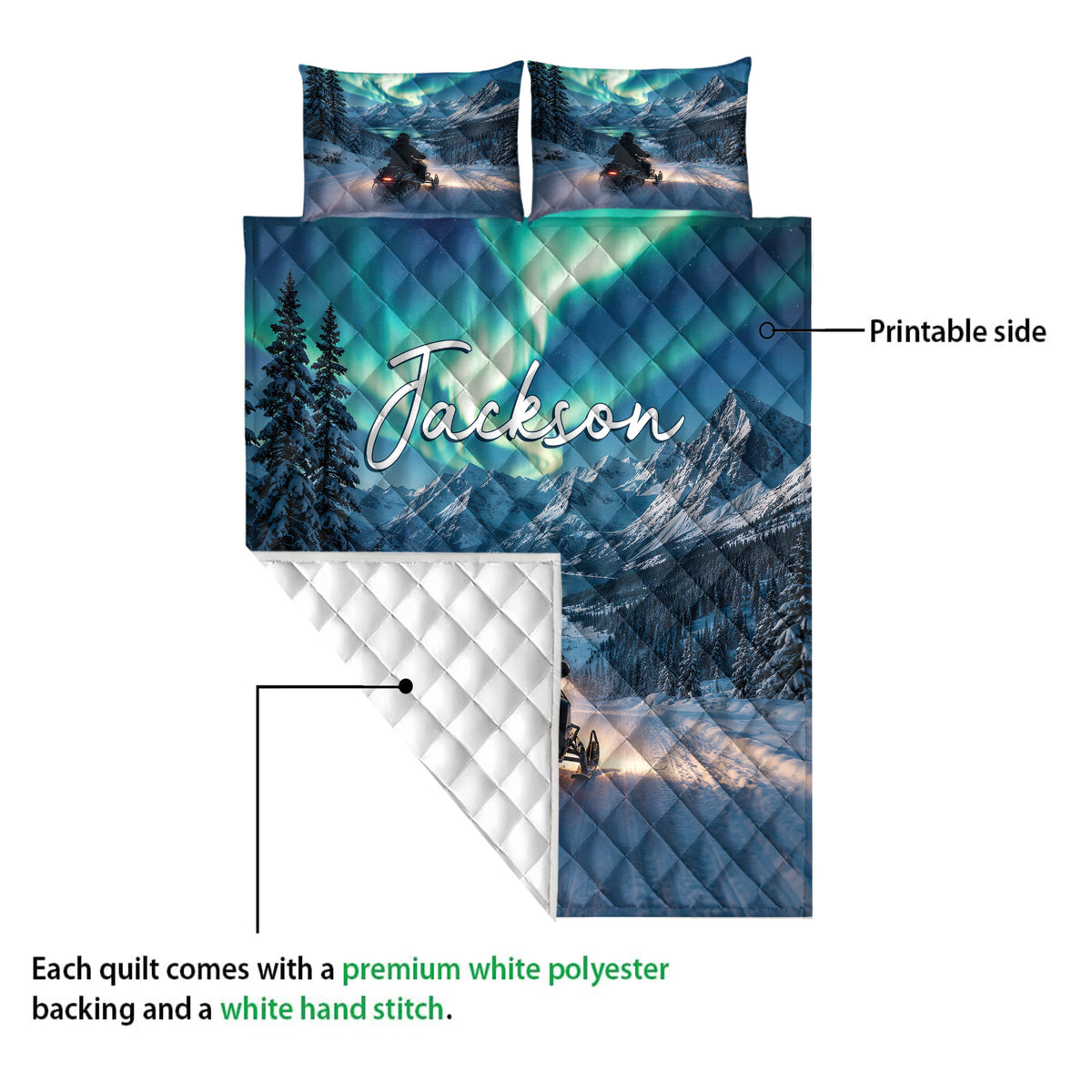 Snowmobile quilt showing the printed mountain scene and white diamond-stitched reverse side