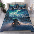 Snowmobile bedding styled in a bright bedroom with mountain scenery, snowy trails, and aurora-inspired colors