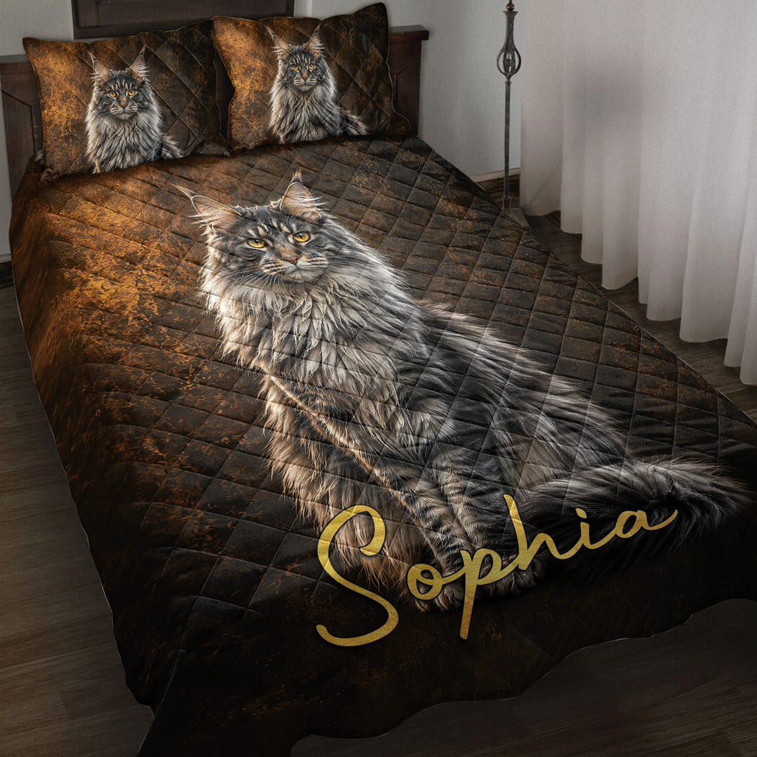 Maine Coon cat quilt blanket displayed on a bed with dark bronze patterned artwork