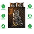 Maine Coon quilt bedding set shown with cat artwork and product feature icons