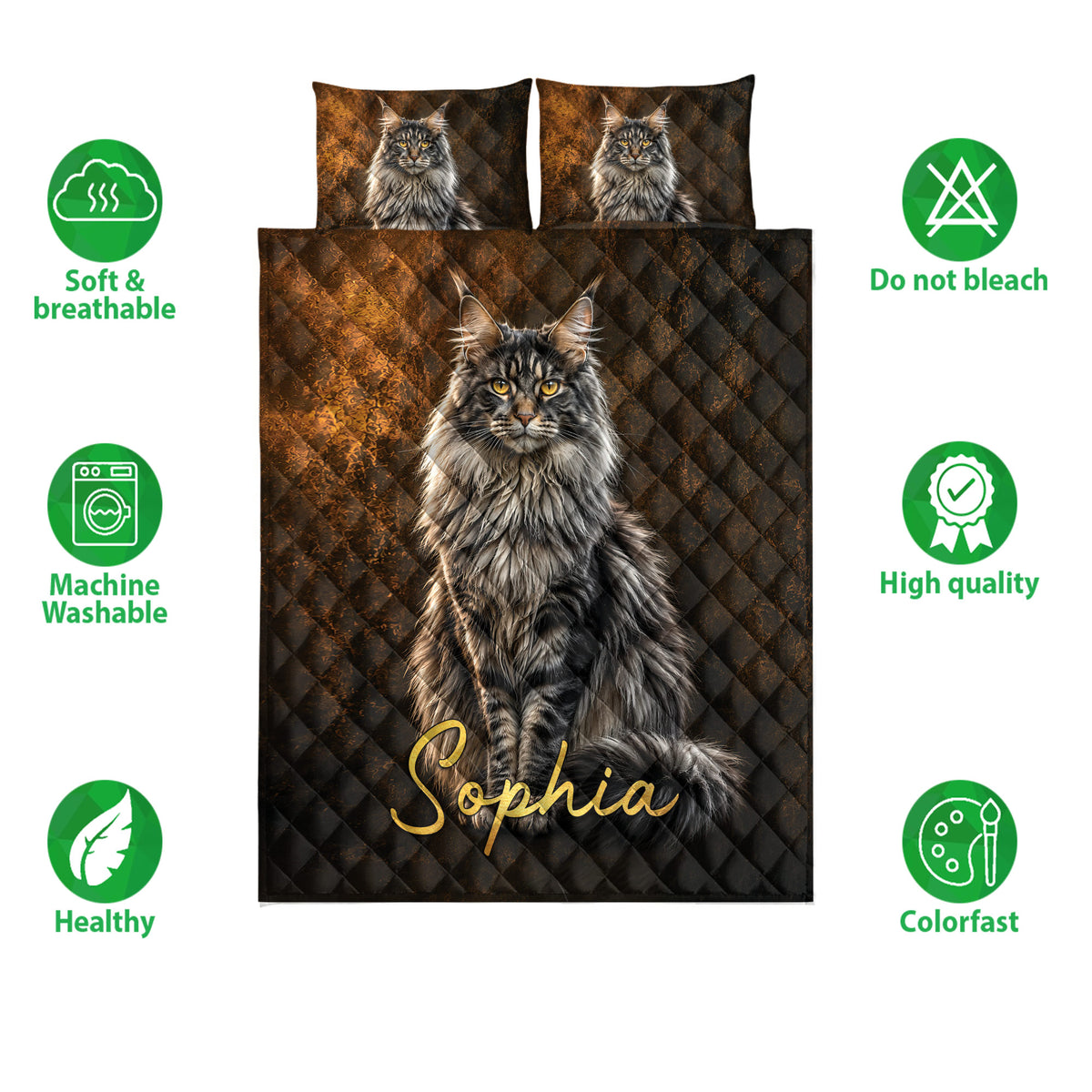 Maine Coon quilt bedding set shown with cat artwork and product feature icons