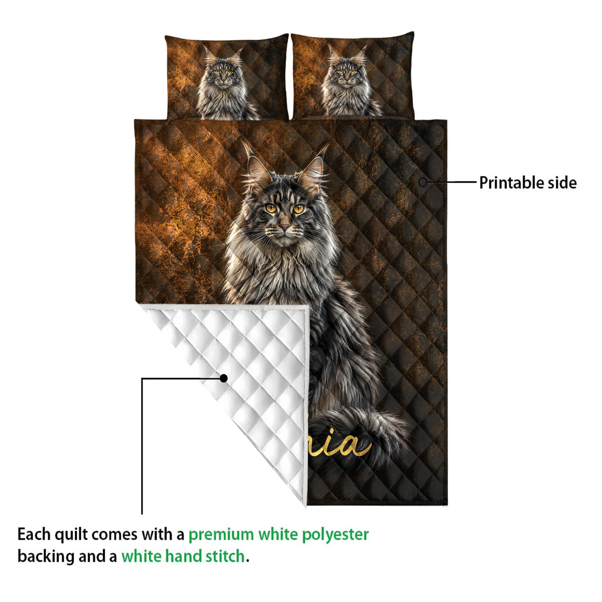 Maine Coon quilt blanket showing the printed front and white diamond-stitched backing