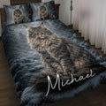 Maine Coon cat quilt blanket displayed on a bed with matching forest artwork and dark gray tones