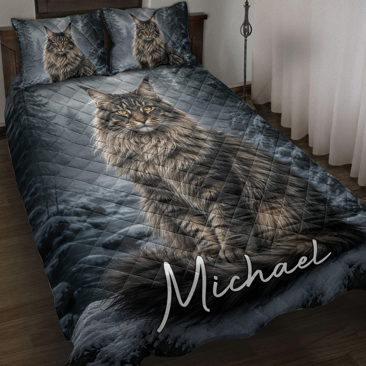 Maine Coon cat quilt blanket displayed on a bed with matching forest artwork and dark gray tones