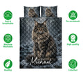 Maine Coon quilt bedding set with large cat artwork, forest background, and feature icons