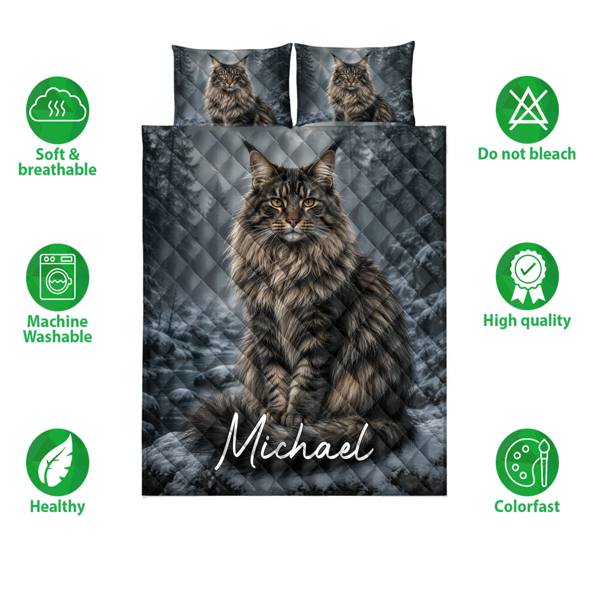 Maine Coon quilt bedding set with large cat artwork, forest background, and feature icons