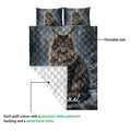 Maine Coon quilt showing the printed cat artwork, quilted texture, and contrasting white backing