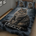 Close bedroom view of a Maine Coon cat quilt blanket with dramatic forest scenery and dark tones