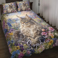 Maine Coon quilt blanket spread across a bed with a large cat portrait and colorful wildflower meadow