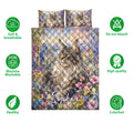 Maine Coon quilt bedding set with floral cat artwork shown alongside product feature icons