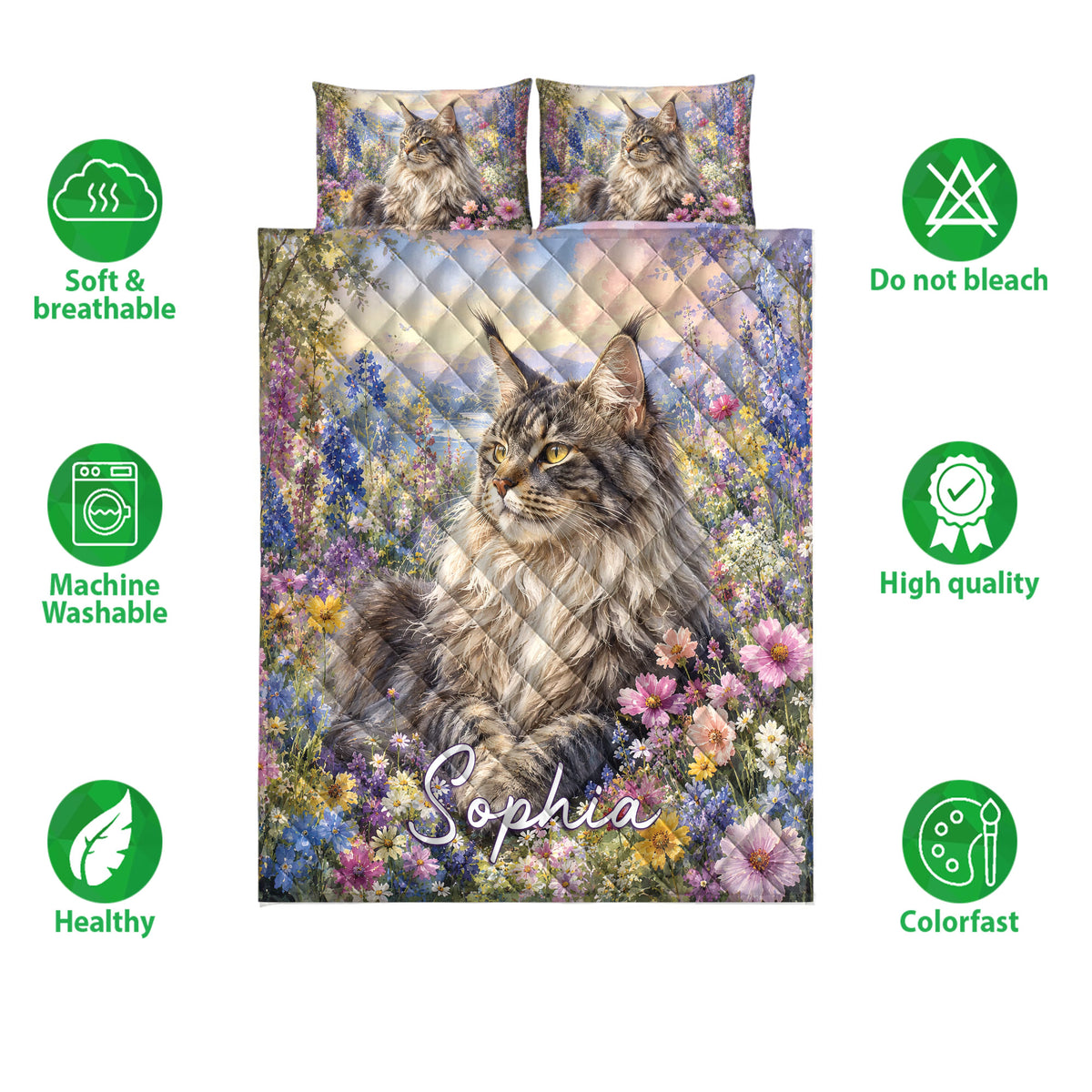 Maine Coon quilt bedding set with floral cat artwork shown alongside product feature icons