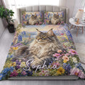 Maine Coon quilt blanket styled in a bright bedroom with cat portraits and wildflower artwork