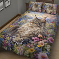 Maine Coon quilt bedding displayed on a bed with a detailed cat portrait and colorful flowers