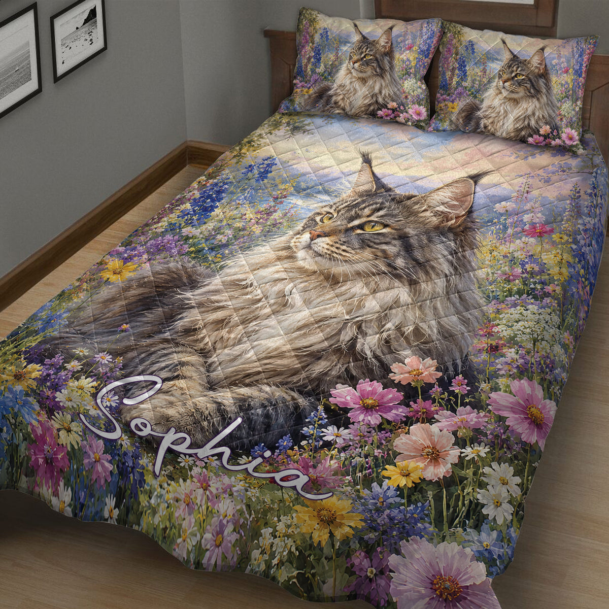 Maine Coon quilt bedding displayed on a bed with a detailed cat portrait and colorful flowers