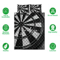 Black and white dartboard quilt bedding set shown with soft breathable and colorfast feature icons
