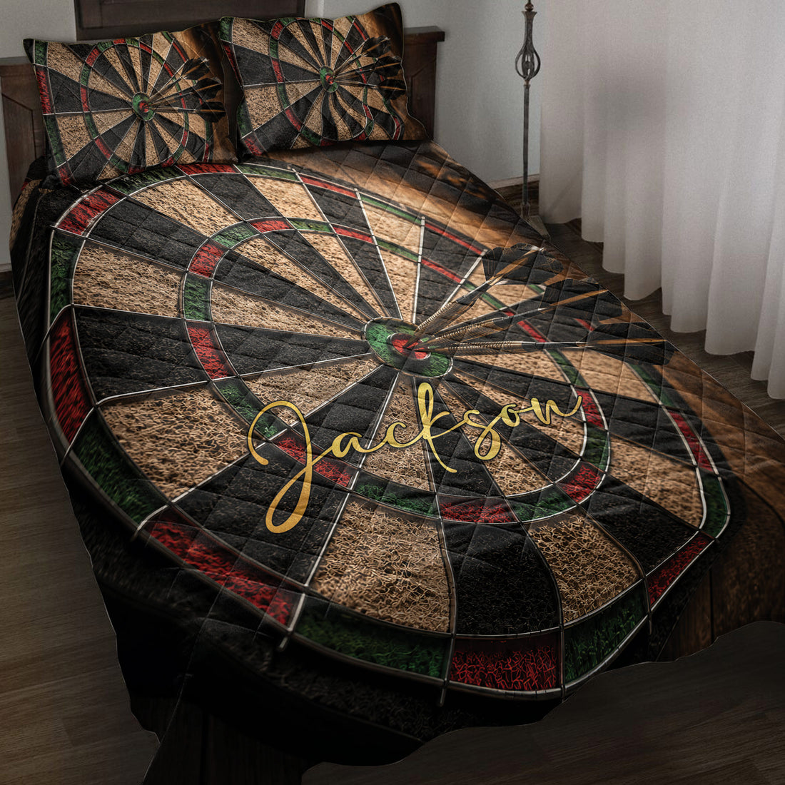 Dart board quilt blanket displayed on a bed with black, tan, red, and green dartboard artwork
