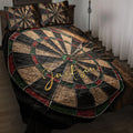 Dart board quilt blanket displayed on a bed with black, tan, red, and green dartboard artwork