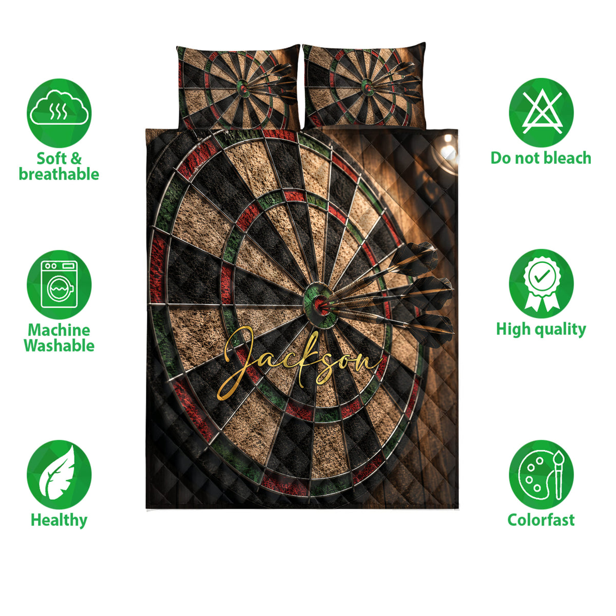 Dart board quilt bedding set shown with dartboard pillow designs and product feature icons