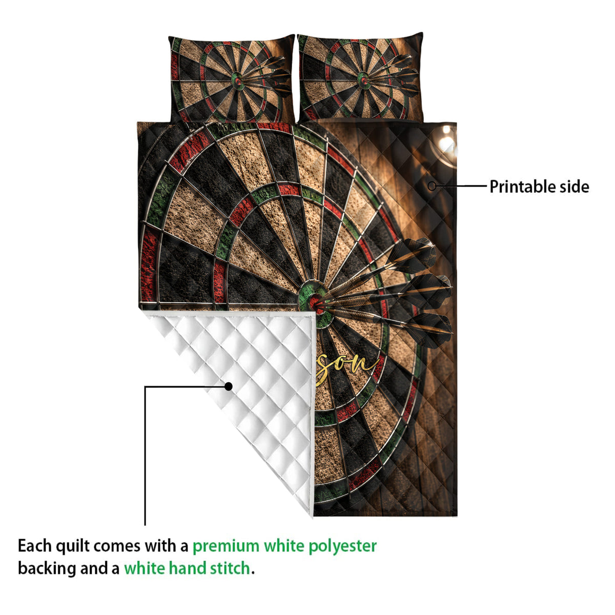 Dart board quilt showing the printed front and white quilted reverse construction
