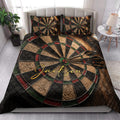 Dart board quilt blanket styled in a bright bedroom with matching dartboard pillow designs