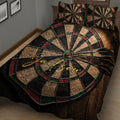 Close bedroom view of dartboard quilt bedding with detailed dart and target artwork