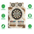 Dart board quilt bedding set displayed with dart artwork and soft, breathable product feature icons