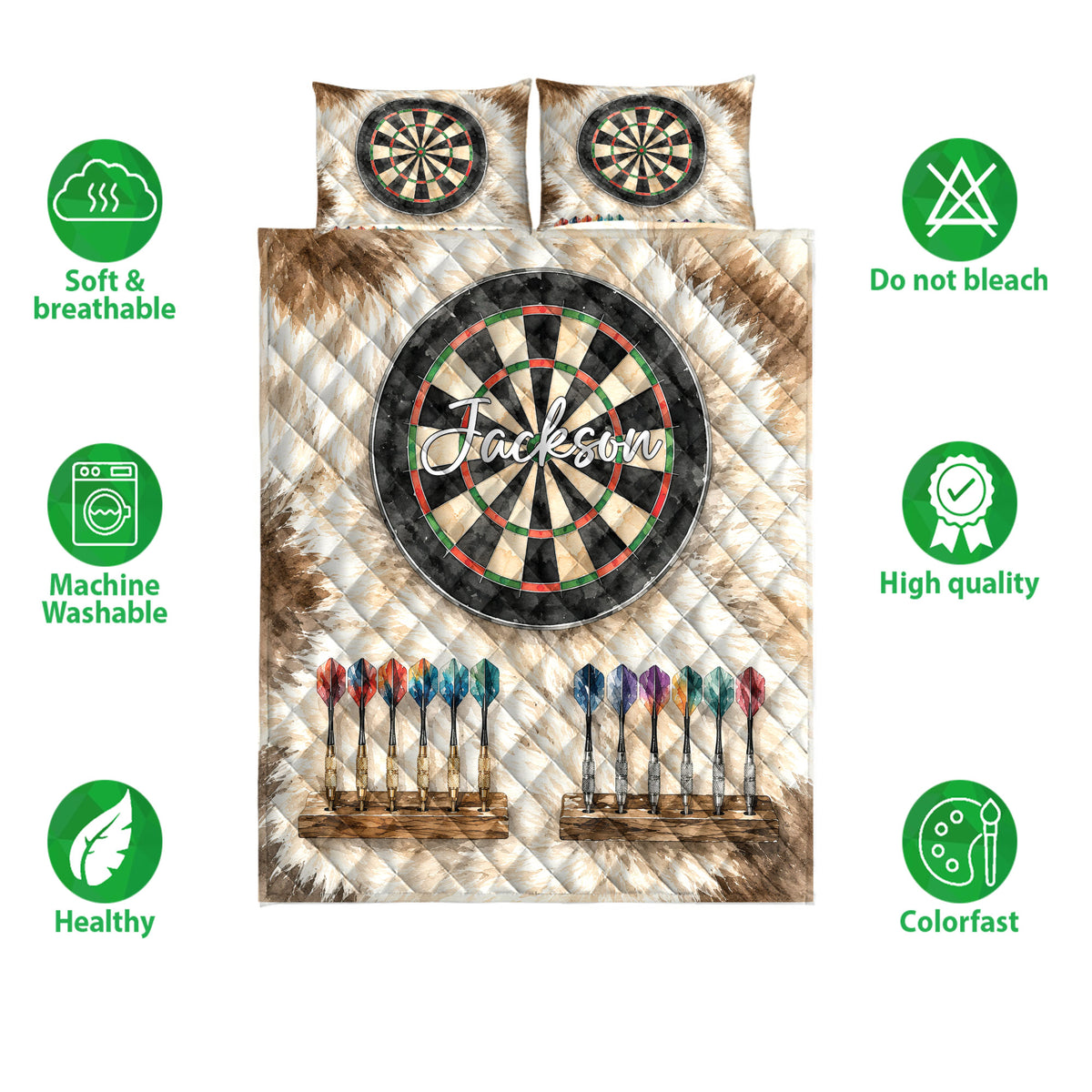Dart board quilt bedding set displayed with dart artwork and soft, breathable product feature icons