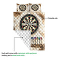 Dart board quilt showing the printed front design and white quilted reverse backing