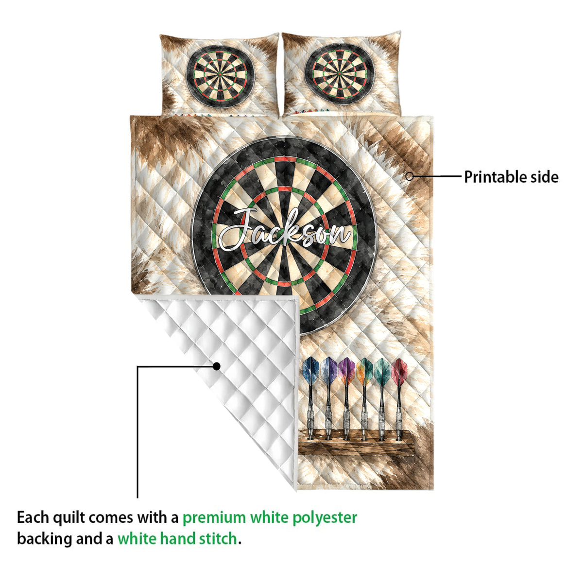 Dart board quilt showing the printed front design and white quilted reverse backing