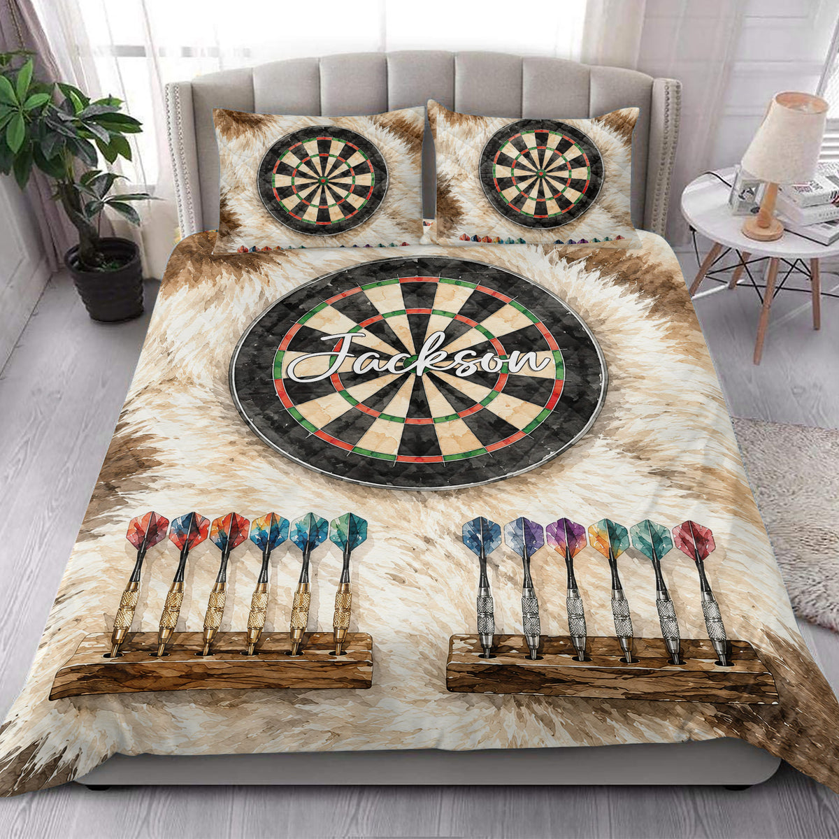 Dart board quilt blanket styled in a bright bedroom with dartboard pillows and colorful dart rows
