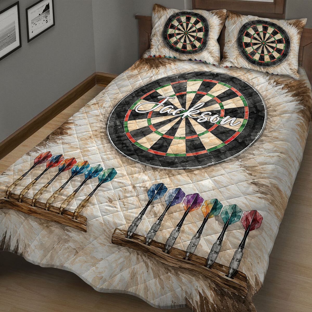 Close bedroom view of dart board quilt bedding with dartboards and colorful darts across the design