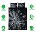Dartboard quilt bedding set shown with matching printed pillows and soft breathable design icons