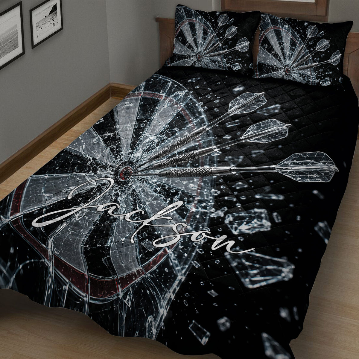 Close bedroom view of a black dartboard quilt blanket with shattered glass and flying darts