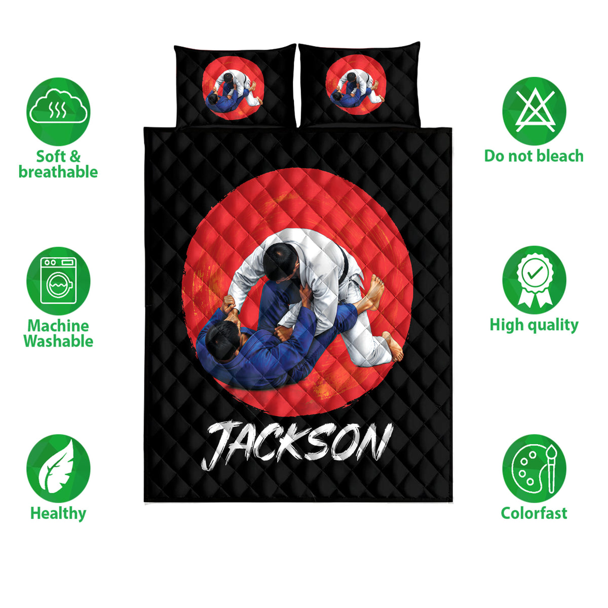 Jiu jitsu quilt bedding set shown with grappling artwork and product feature icons