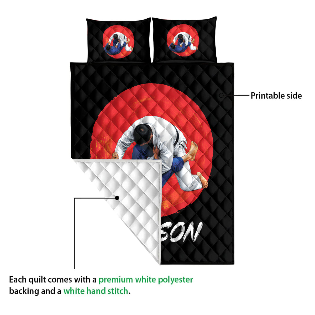 Jiu jitsu quilt showing grappling artwork, printable side, and white quilted backing