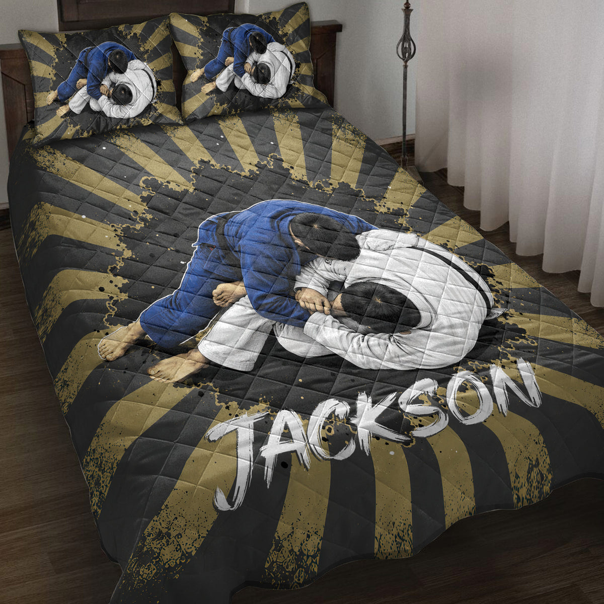 Jiu jitsu quilt bedding set displayed on a bed with black and gold rays and grappling artwork