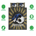 Jiu jitsu quilt bed set with grappling artwork, black and gold design, and feature icons