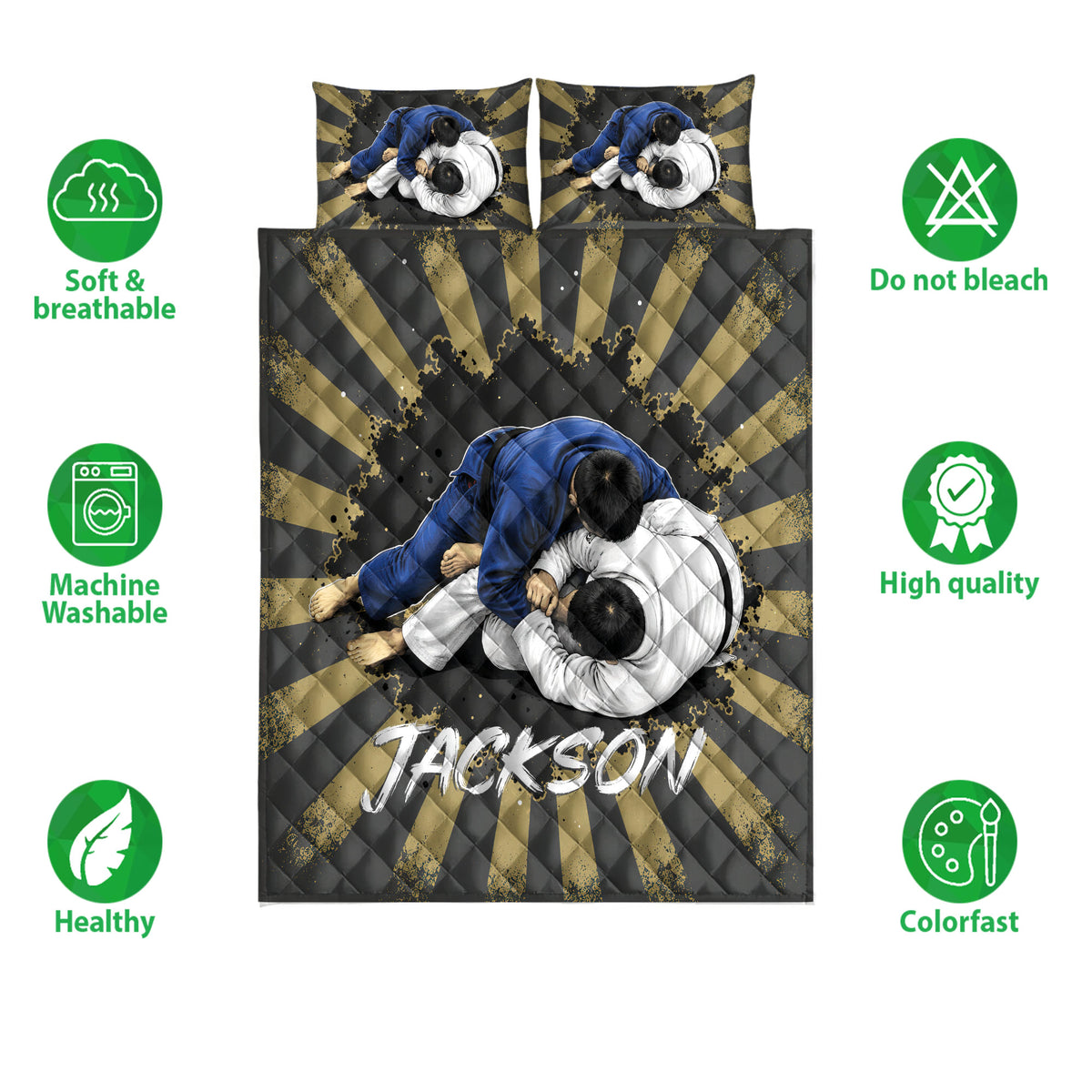 Jiu jitsu quilt bed set with grappling artwork, black and gold design, and feature icons