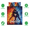 Jiu Jitsu quilt bedding set with grappling artwork shown alongside soft breathable and colorfast feature icons