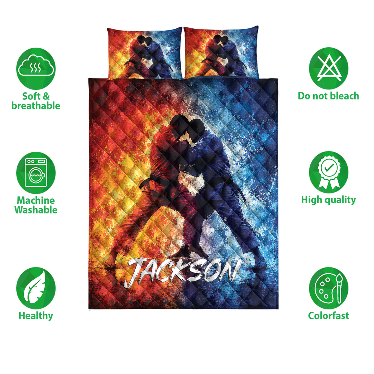 Jiu Jitsu quilt bedding set with grappling artwork shown alongside soft breathable and colorfast feature icons