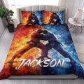 Jiu Jitsu quilt bedding styled in a bright bedroom with two grapplers and bold red and blue artwork