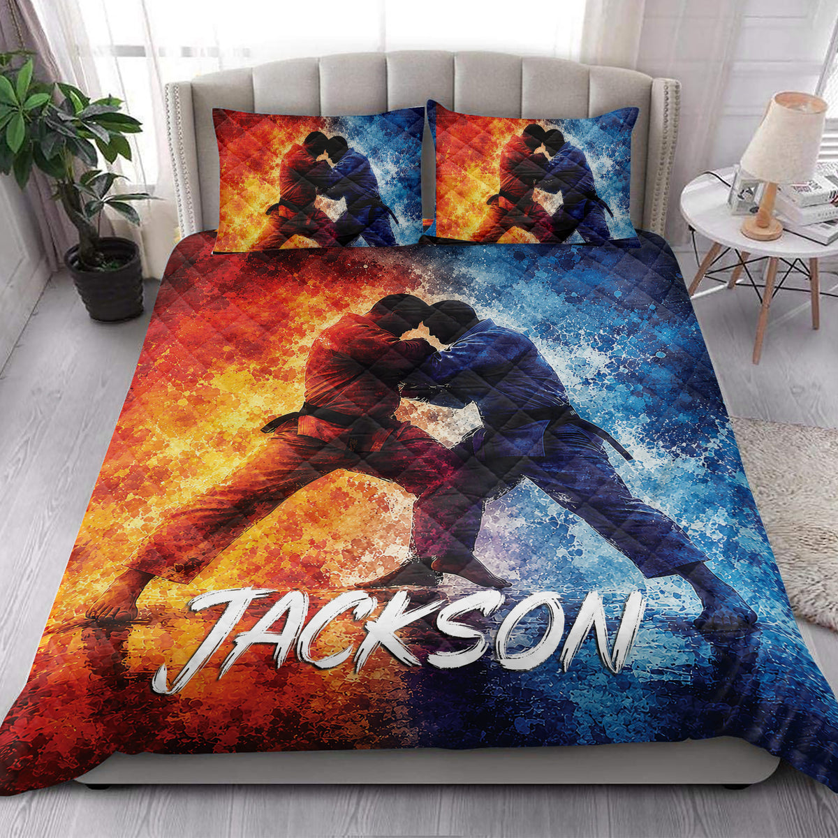 Jiu Jitsu quilt bedding styled in a bright bedroom with two grapplers and bold red and blue artwork