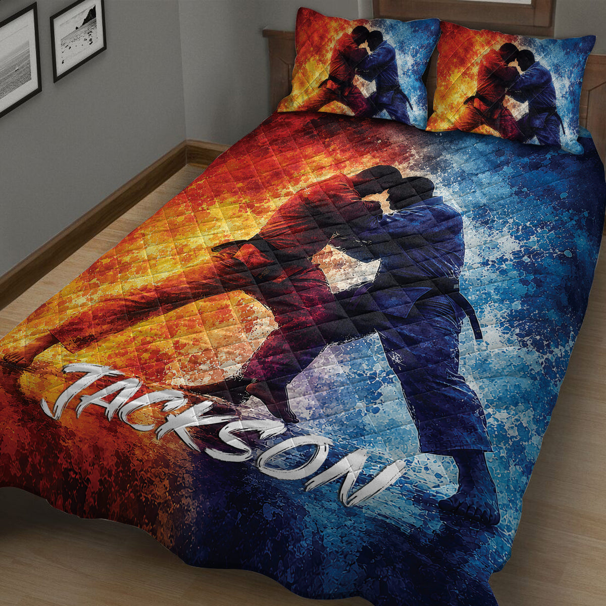 Close bedroom view of a Jiu Jitsu quilt blanket featuring two grapplers against an abstract red and blue background